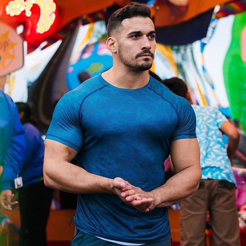 Men Camouflage Tee Shirts Polyester Gym Clothing Sports Training Tops Workout Active Wear Fitness T Shirts