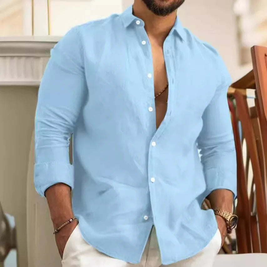 Ohsisa 2025 Men Youth Casual Shirts Cotton Long Sleeve Men's Solid Color Turn-down Collar Button Spring Casual Shirts