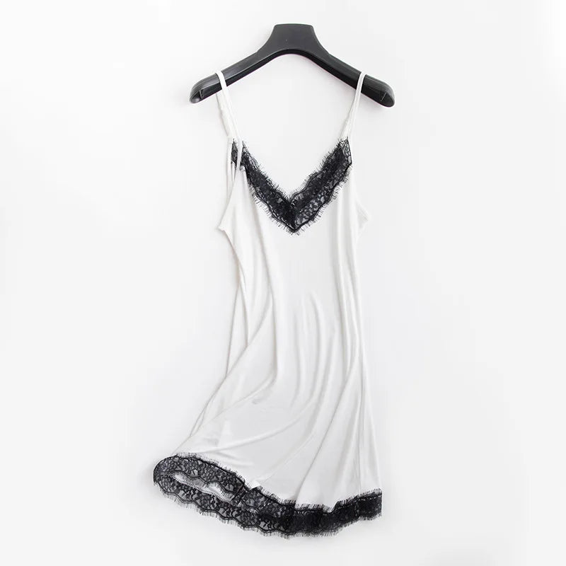 Spring and Summer Silk Loose V-neck Lace Silk Slip Nightdress Sexy Pajamas Silk Base Slip Dress
