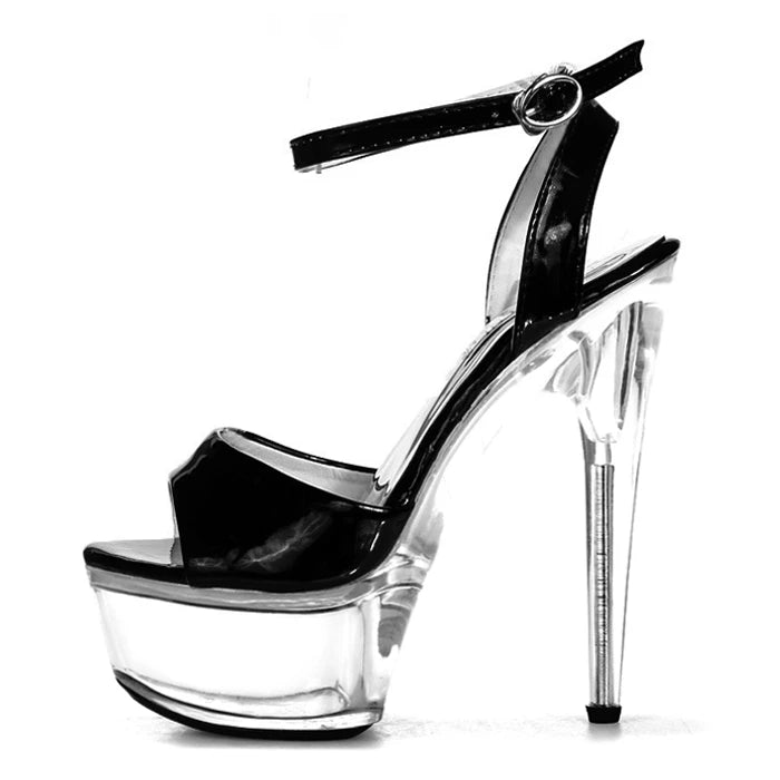 White 15 cm Crystal Transparent Platform Pole Dance High Heels Strip Dance Shoes Summer Platform Missing Toe Buckle Large High H