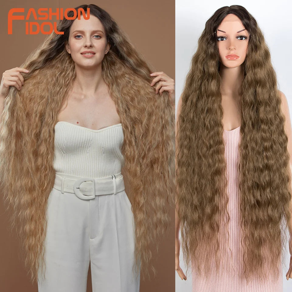 Synthetic Wigs Cosplay Loose Wave Hair Lace Front Wigs For Women Ombre Brown Water Wave 42 Inch Curly Hair Heat Resistant Wig