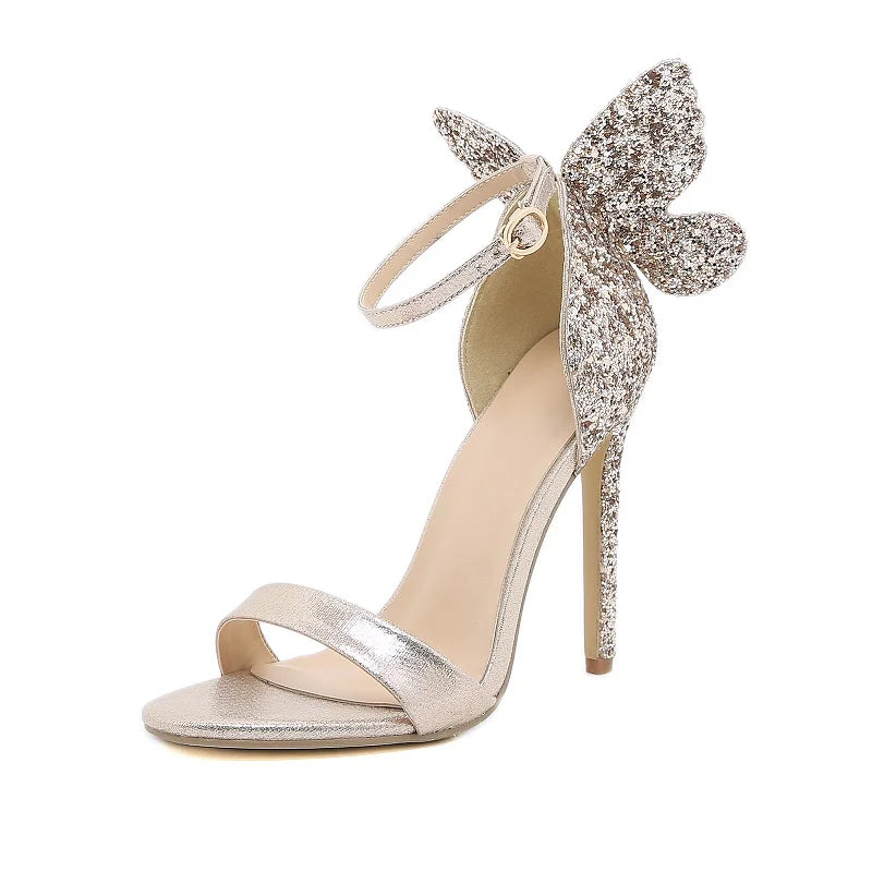 2025 New Design Butterfly Wings Talons Femmes Sandals Women Sexy Stiletto Party Dress Open Toe Buckle Shoes Lady High Heels