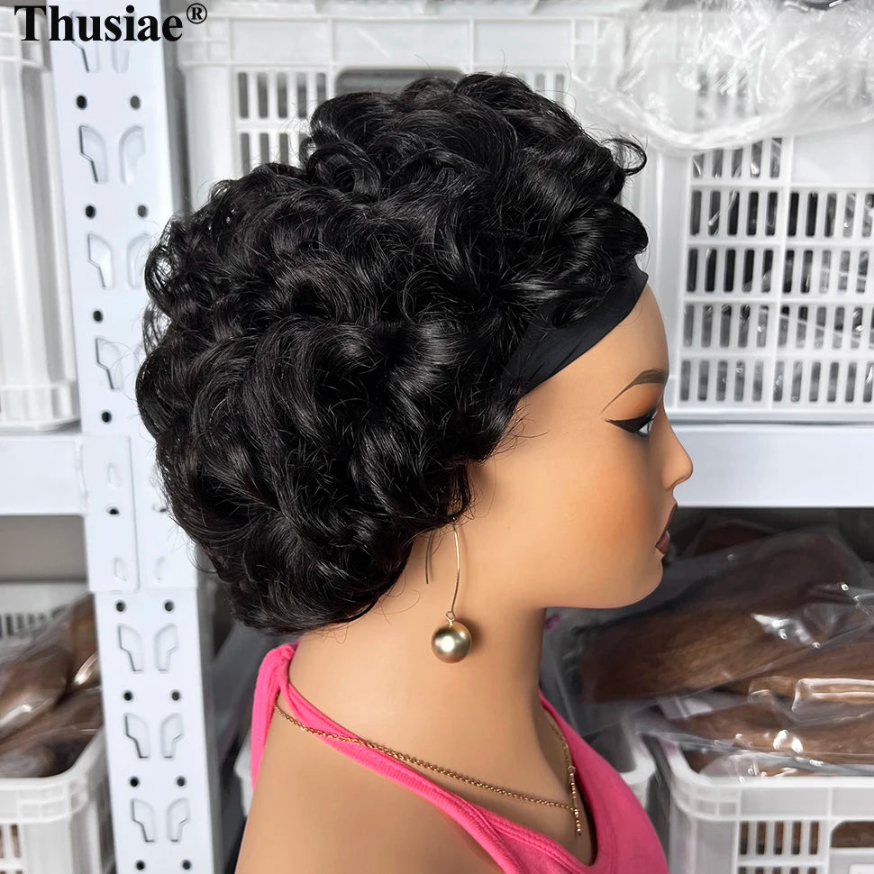 Short Curly Glueless Headband Half Wig None Lace Front Machine Made Raw Virgin Human Hair Wigs Wear and Go