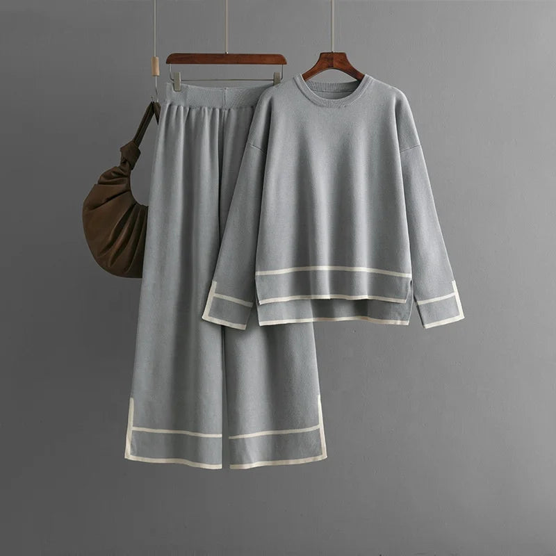 Women's Knitting Two-piece Suit Round Neck Long-sleeved Split Top+long-pants Sweater Two-piece Sets