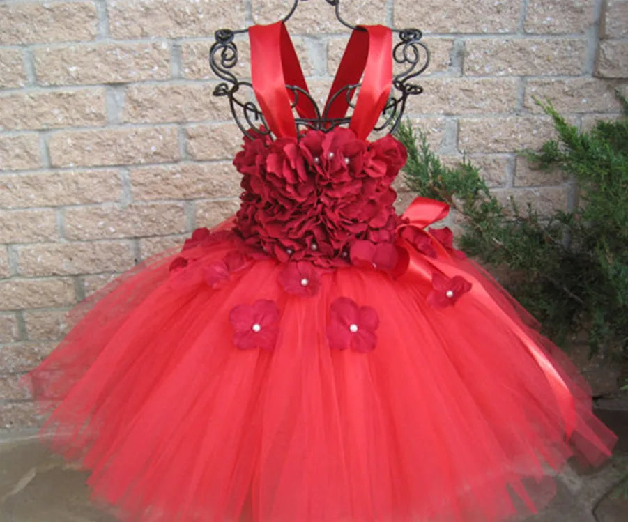 Girls White Tutu Dress Kids Tulle Dress with Red Petals Flower and Ribbon Bow Children Birthday Bridal Wedding Costume Dresses