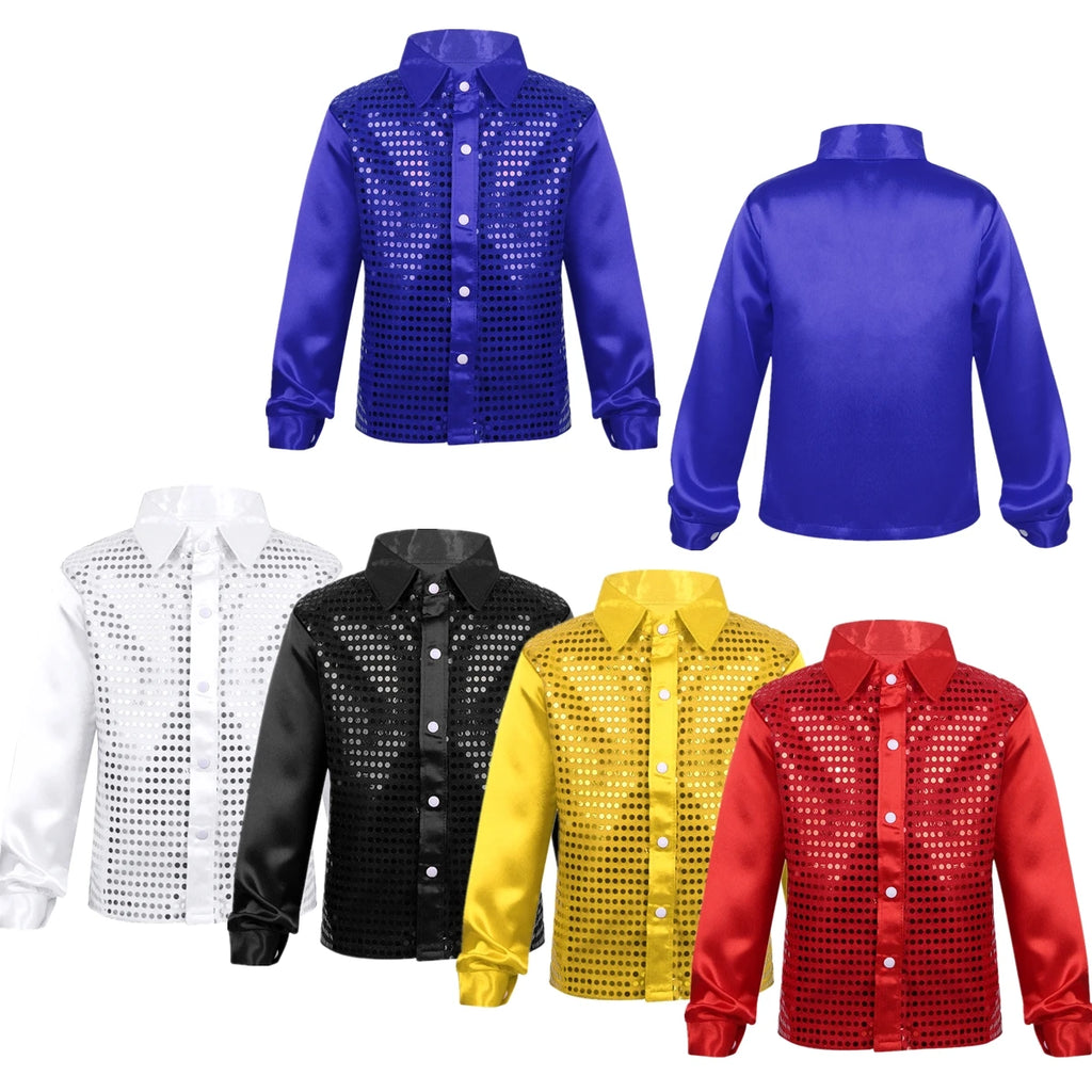 Kids Boys Shirts Shiny Sequined Long Sleeve Shirt Tops For Choir Jazz Street Dance Wear Child Dance Shirts Performance Costumes