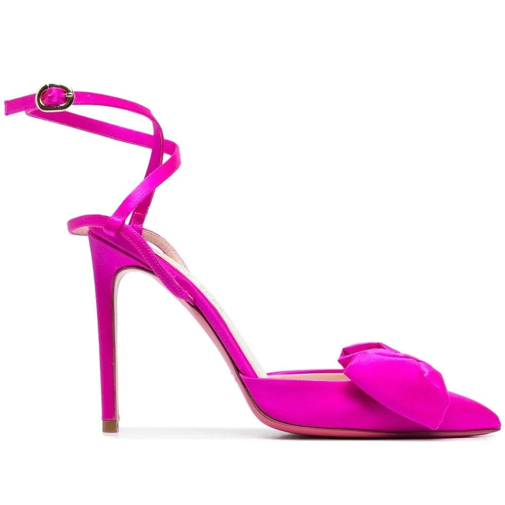 Elegant Hot Pink Satin High Heels Women's Pointed Toe Bow Shoes Stilettos Party Pumps for Female Strappy Heels
