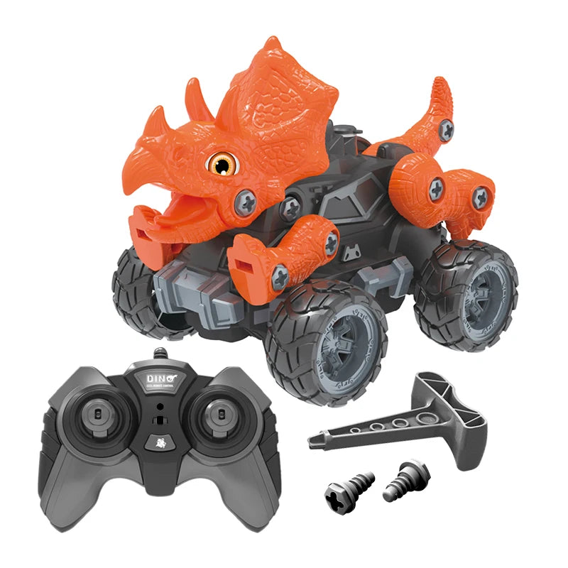2.4Ghz Remote Control 4WD Dinosaur Spraying Vehicle Disassembly Assembly Toys Flashing Light RC Car Models for Kid Adult