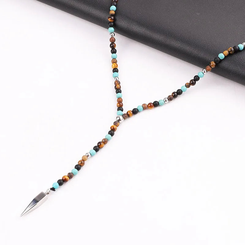 New Men Necklace Natural Stone Beads Tiger Eye Matte Onyx 316L Stainless Steel Cute Pendant Necklace Jewelry Gift Men