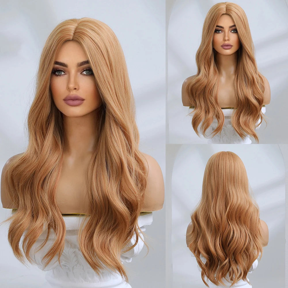 26inch Synthetic Fiber Wig Factory Natural Wavy Blonde with White Highlights Ombre Water Wave Wig with Elastic Cap Real Photo