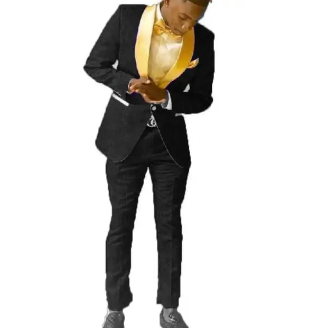 HD244 Groomsmen Royal Blue Groom Tuxedos Shawl Gold Lapel Men Suits 2 Pieces Wedding Bridegroom ( Jacket+Trousers+Tie)