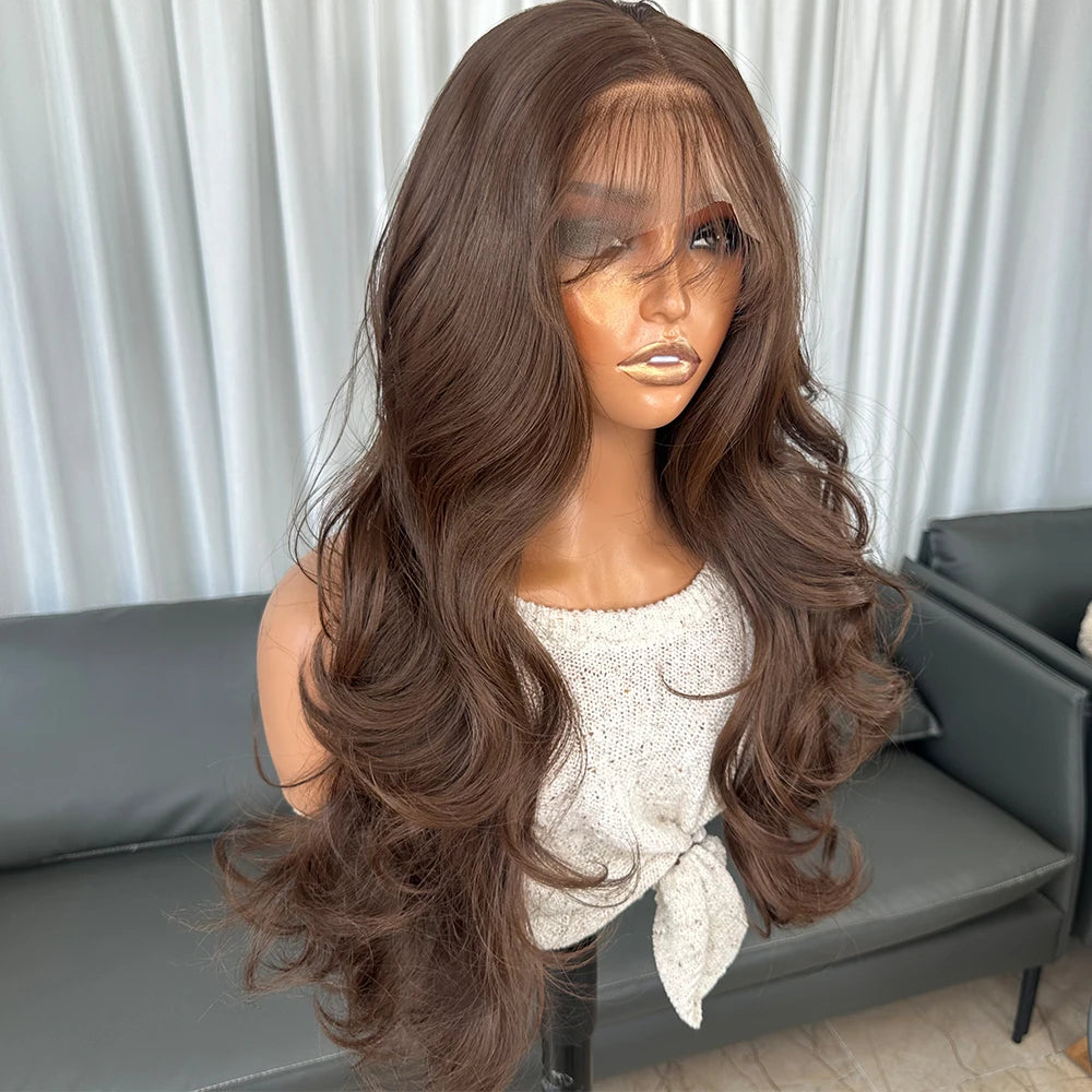 Long Body Wavy Brown Wigs Futura Fiber Hair 13X4 Heat Resistant Synthetic Lace Front Wigs for Black Women Pre-plucked Hairline