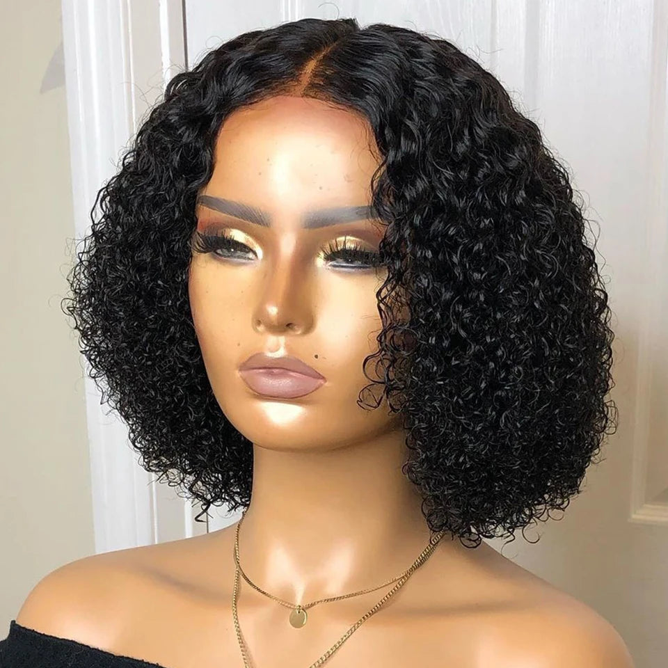 Ainizi Wholesale Price 12 '' Black Short bob Kinky Curly Middle Part T Part Lace Front Synthetic Hair Wigs for Women