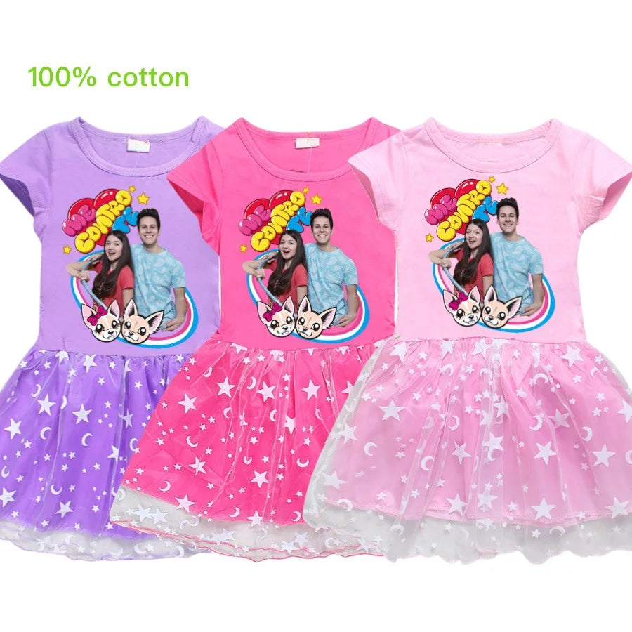 Fashion Me Contro Te Kids Clothes Knee-Length Dresses Cute Cotton Gauze Full Dress Teenagers Cartoon Baby Girls Party Clothing