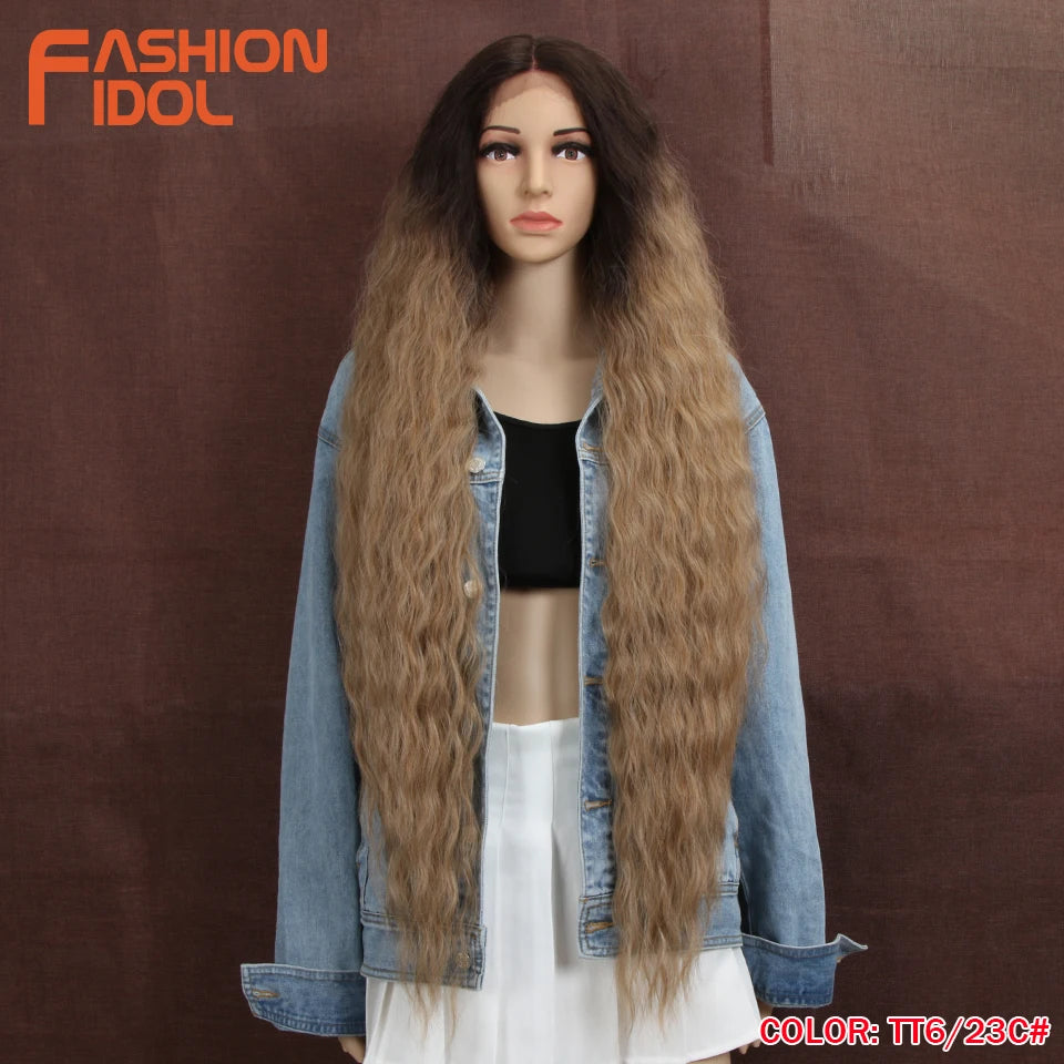 Synthetic Wigs Cosplay Loose Wave Hair Lace Front Wigs For Women Ombre Brown Water Wave 42 Inch Curly Hair Heat Resistant Wig