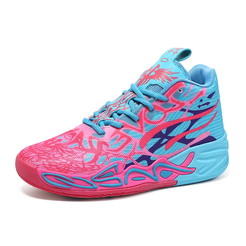 Men Professional Basketball Shoes High Top Athletic Sneakers Mesh Shock Absorption Blue Red Flame Graphic Training Footwear