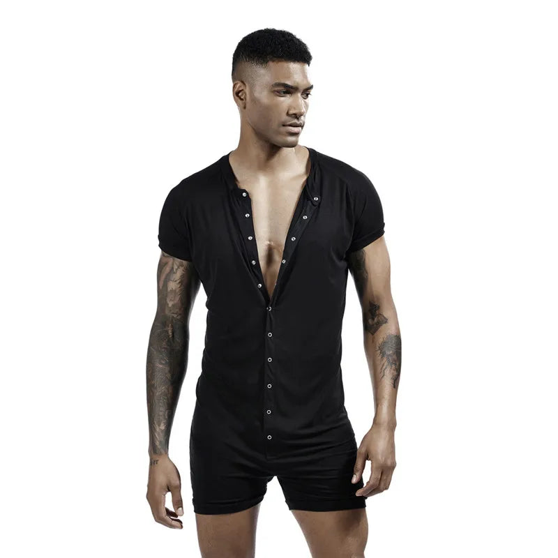 Men's Comfortable Solid Color One-Piece Pajamas with Snap Buttons Super Elastic Sleepwear Jumpsuit for Home