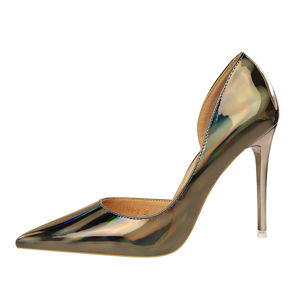 18188-2 BIGTREE Metal Feeling 9.5 CM Stiletto Heel Single Shoes Shallow Mouth Pointed Toes Women's Shoes Sexy  High Heels