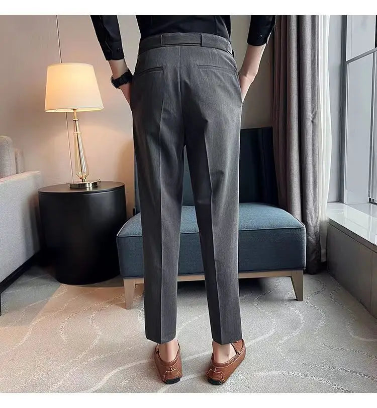 Men Casual Suit Pants Business Pockets Outdoor Button Zipper Casual Slim Suit Trousers British Style Long Pencil Cropped Pants