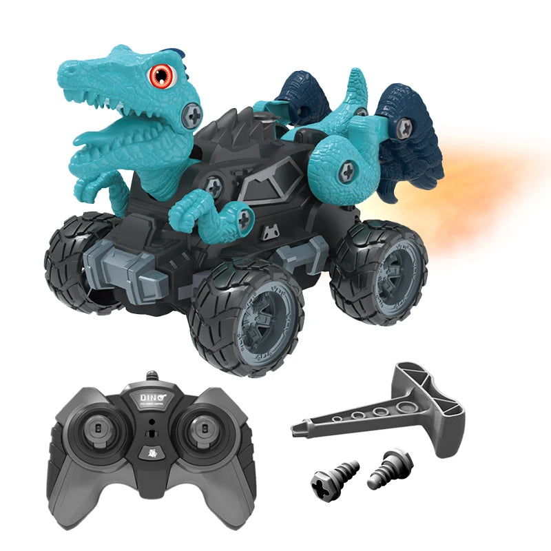2.4Ghz Remote Control 4WD Dinosaur Spraying Vehicle Disassembly Assembly Toys Flashing Light RC Car Models for Kid Adult