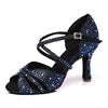 Blue 7.5cm Heel Strap Salsa Latin Shoes Satin Ballroom Tango Cha Cha Dancing Shoes Suede Sole Sandals for Women
