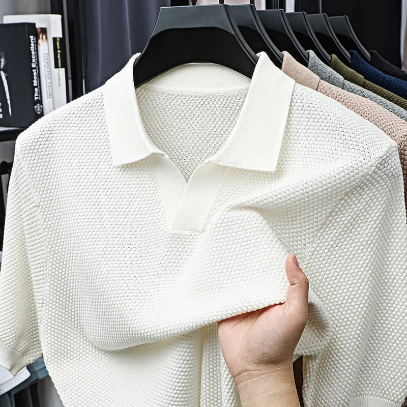 2025 Men Summer New Knitting V-neck Thin Polo Shirt Male Short Sleeve T Shirts Men's Solid Color Casual Tops Tees