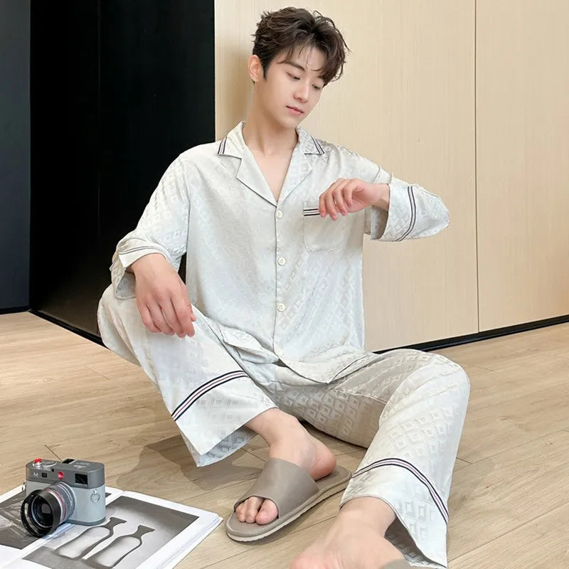 Autumn Men Silk Pajamas Satin Long Sleeve Trousers Home Wear Solid Color Jacquard Plus Size Sleepwear Boy's Thin Casual Pyjamas