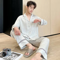 Autumn Men Silk Pajamas Satin Long Sleeve Trousers Home Wear Solid Color Jacquard Plus Size Sleepwear Boy's Thin Casual Pyjamas
