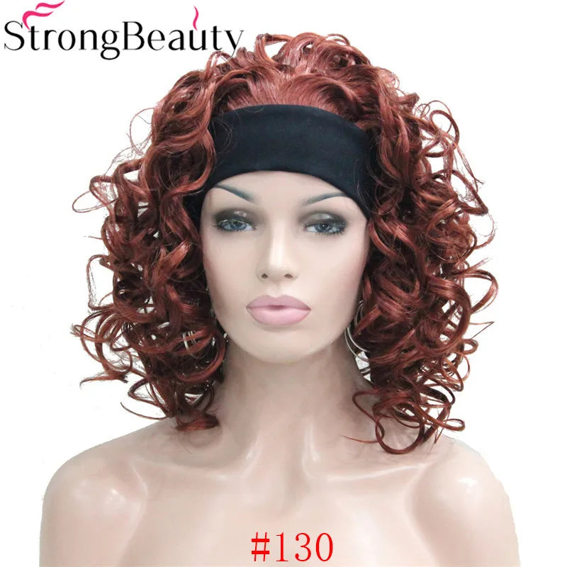 StrongBeauty Short Curly Synthetic Wigs with Headband Women Blue/Gray/Black/Red/Blonde/Brown Wigs 3/4 Half Wig for Lady
