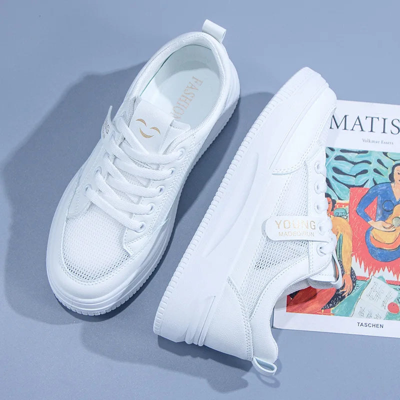 Comfortable PU Leather Tennis Shoes Low Top Lace Casual Sneakers Mesh White Flat Sneakers for Summer