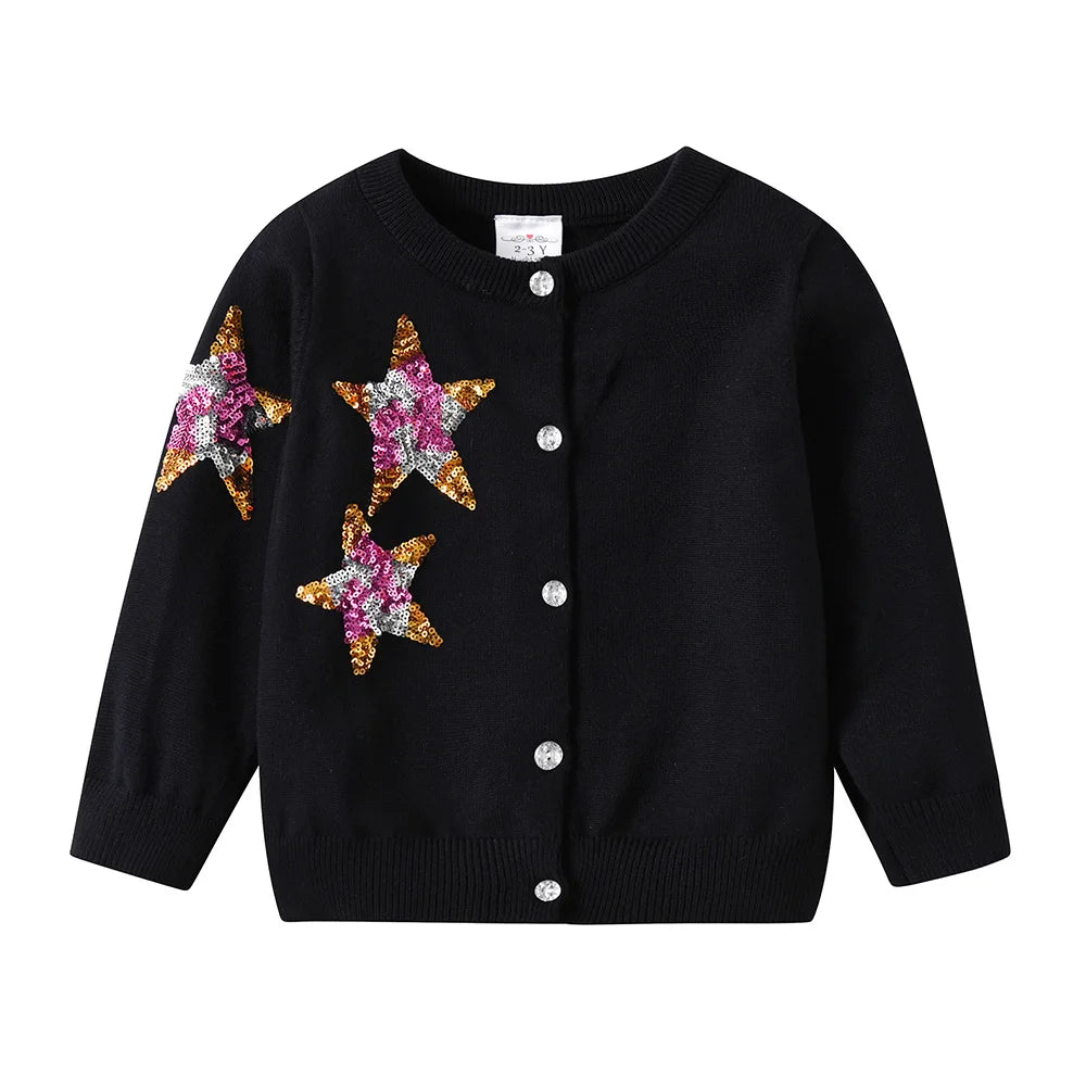 VIKITA Kids Autumn Knitted Cardigan Sweaters Girls Christmas Sweaters Kids Star Sequins Shiny Outwear Clothes Children Clothing