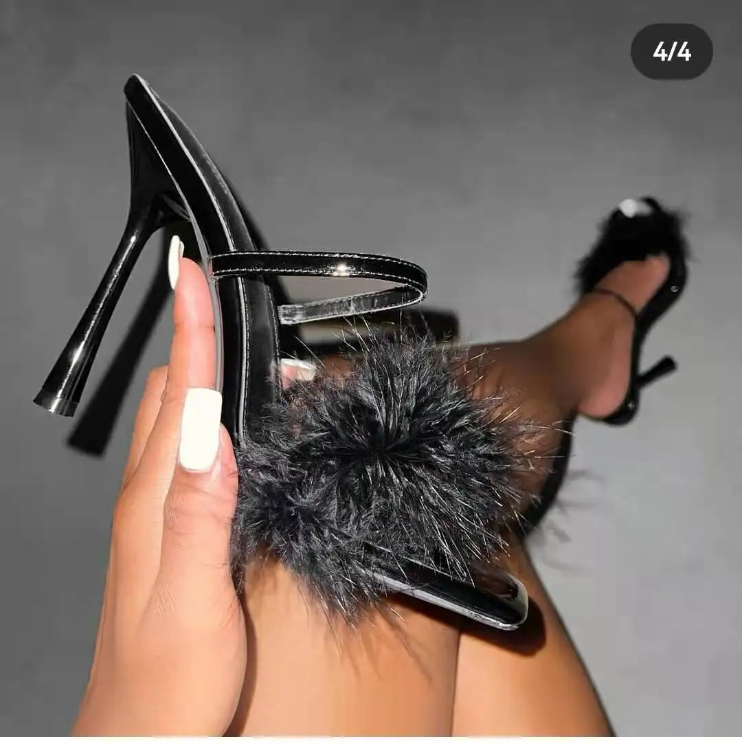 Summer New Women's Head Slippers Hairy Thin Heels High Heels European and American Fashion Women's Shoes