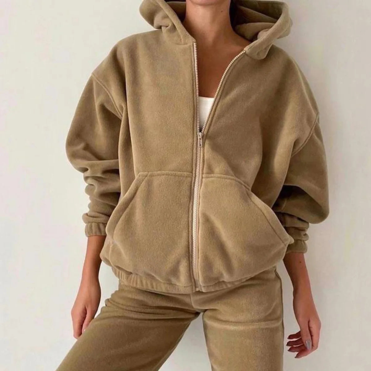 2025 Casual Women Fleece Hoodie Two Piece Sets Hooded Zipper Outerwear And Harem Pant Suit Winter Fashion Streetwear Tracksuit