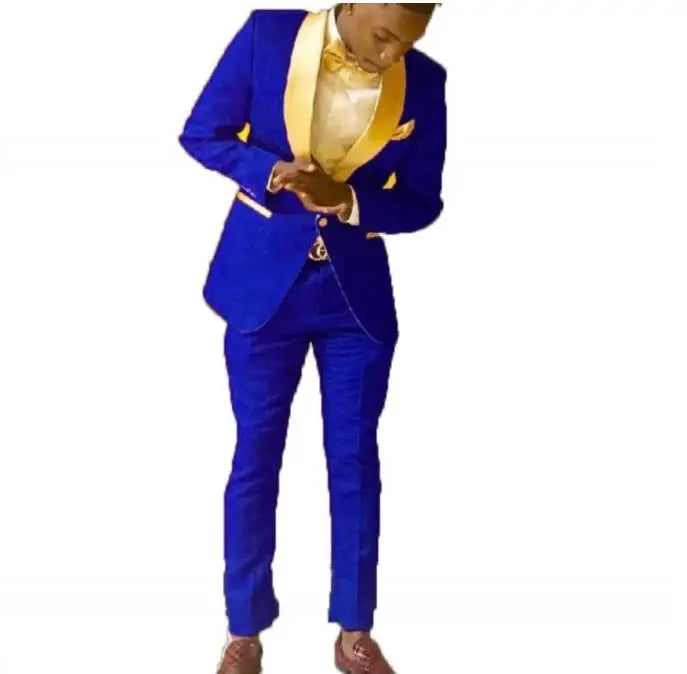 HD244 Groomsmen Royal Blue Groom Tuxedos Shawl Gold Lapel Men Suits 2 Pieces Wedding Bridegroom ( Jacket+Trousers+Tie)