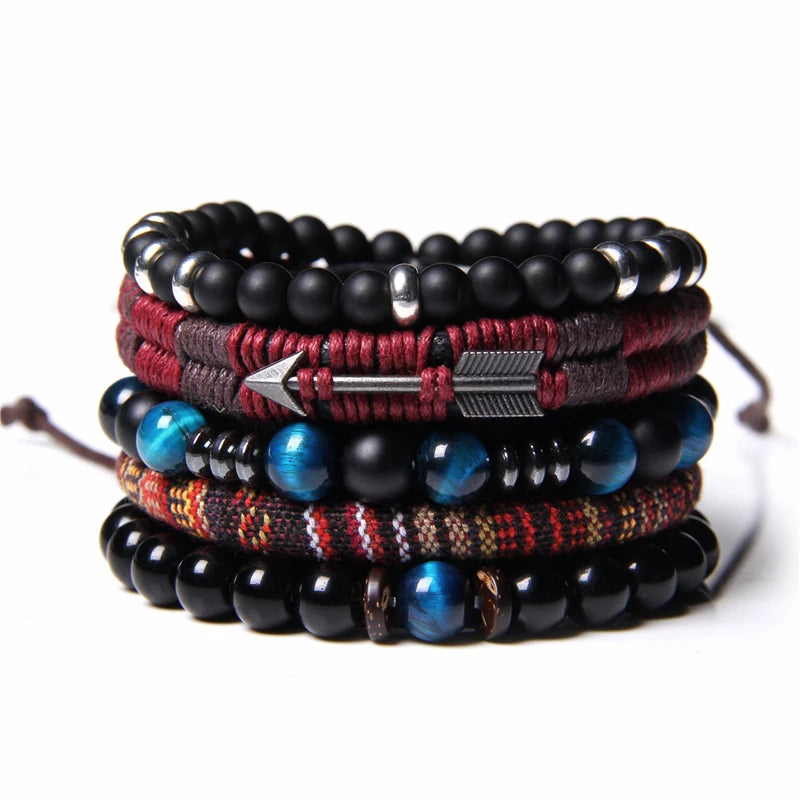 Handmade Bracelets Set Men Black Onyx Stone Beads Bracelet Women Braid Adjustable Arrow Charm Pulsera Faceted Hematite Jewelry