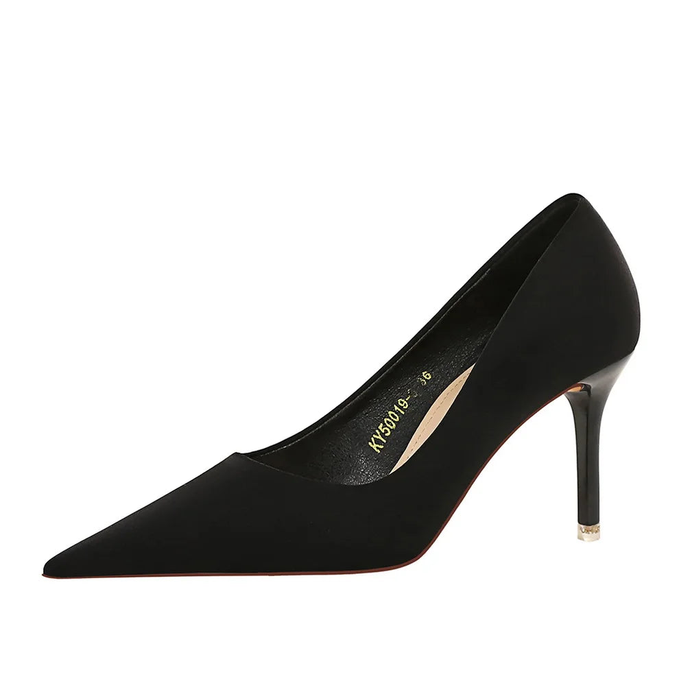 18249-A2 BIGTREE European and American Fashionable Women's Shoes Simple Shallow Mouth Silk Women's High Heels