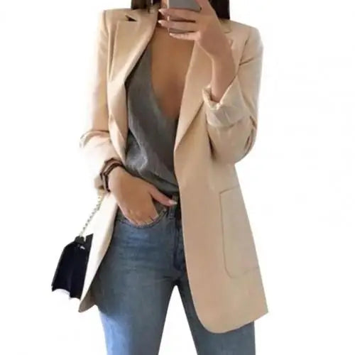 Summer Women Jacket Lapel All match Open Front Stylish Office Lady Slim Suit Overcoat Solid Color Long Blazer