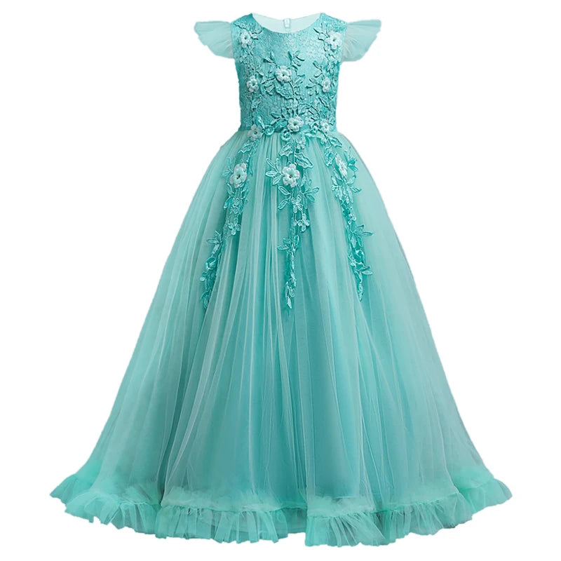 Kids Dresses Flower Lace Formal Sleeveless Long Dresses For Girls Princess Costume Girls Wedding Dresses Clothing 4-15Years