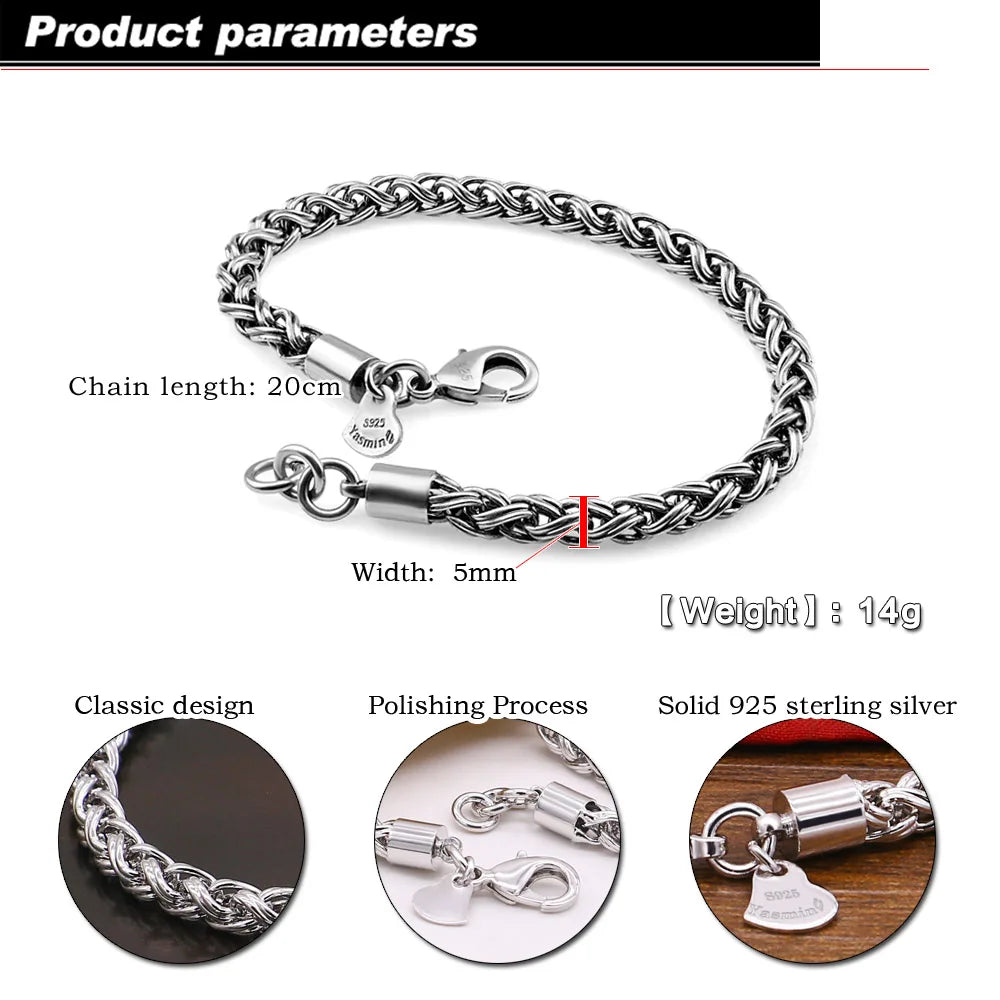 Men's Solid 925 Sterling Silver Bracelet 5MM Wide 20cm Vintage Style Trendy Jewelry for Daily Wear Fashion Gift for Boys & Men