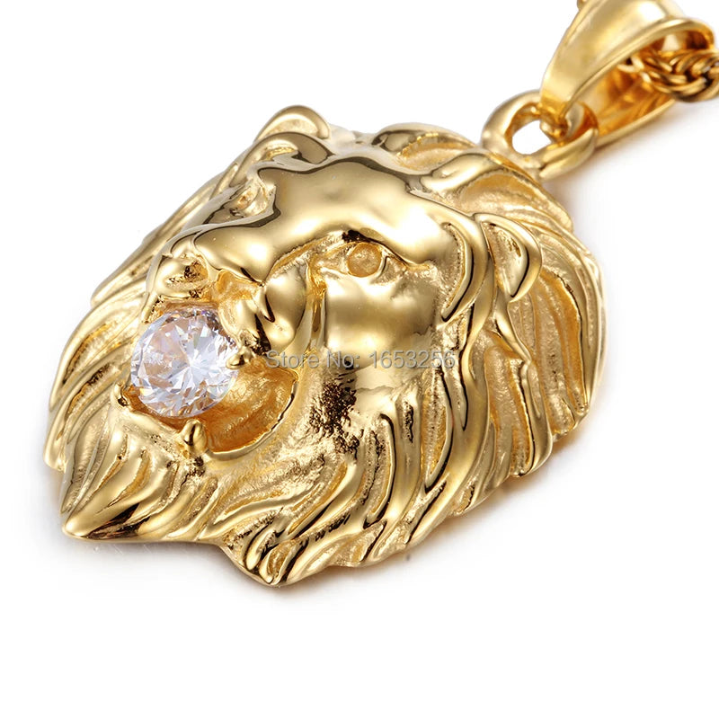 Men's Jewelry  Gold Tone Stainless Steel Fashion Biker  Lion White Crystals Pendant  Rope  Chain 22''