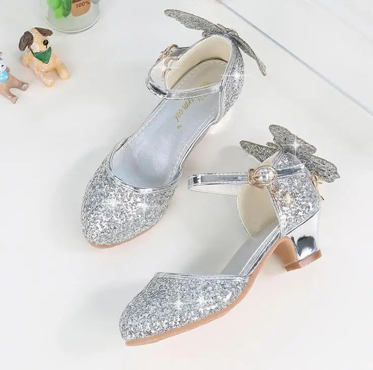 Princess Kids Leather Shoes For Girls Glitter Butterfly Knot Dress Banquet Party Children High Heel Shoe For kids Girls Sandals