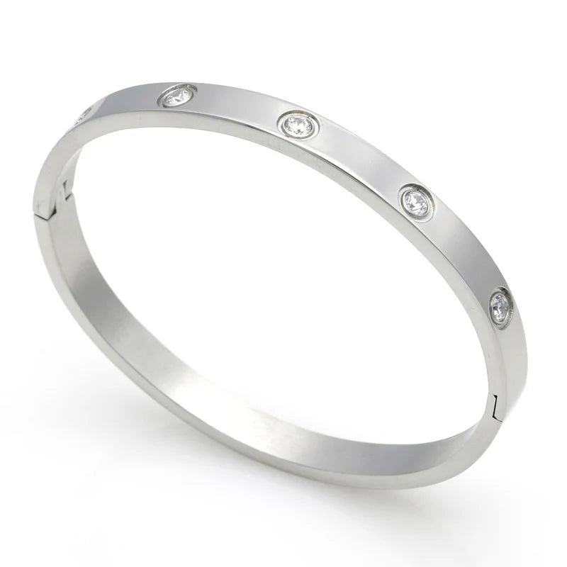 Fashion Love Jewelry Women Bangle Titanium Steel Couple Jewelry Full CZ White Crystal Buckle Bracelets Bangles Men