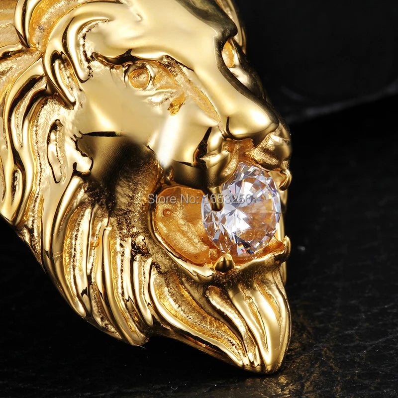 Men's Jewelry  Gold Tone Stainless Steel Fashion Biker  Lion White Crystals Pendant  Rope  Chain 22''