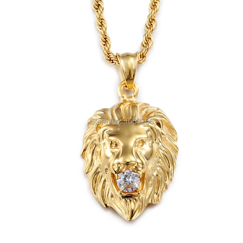 Men's Jewelry  Gold Tone Stainless Steel Fashion Biker  Lion White Crystals Pendant  Rope  Chain 22''