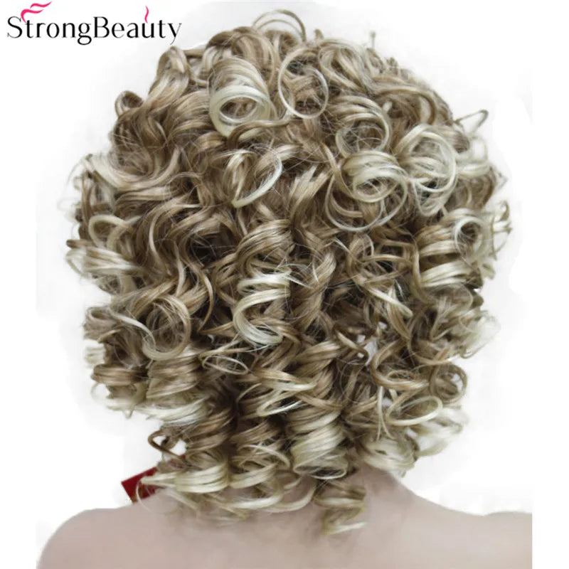 StrongBeauty Short Curly Synthetic Wigs with Headband Women Blue/Gray/Black/Red/Blonde/Brown Wigs 3/4 Half Wig for Lady