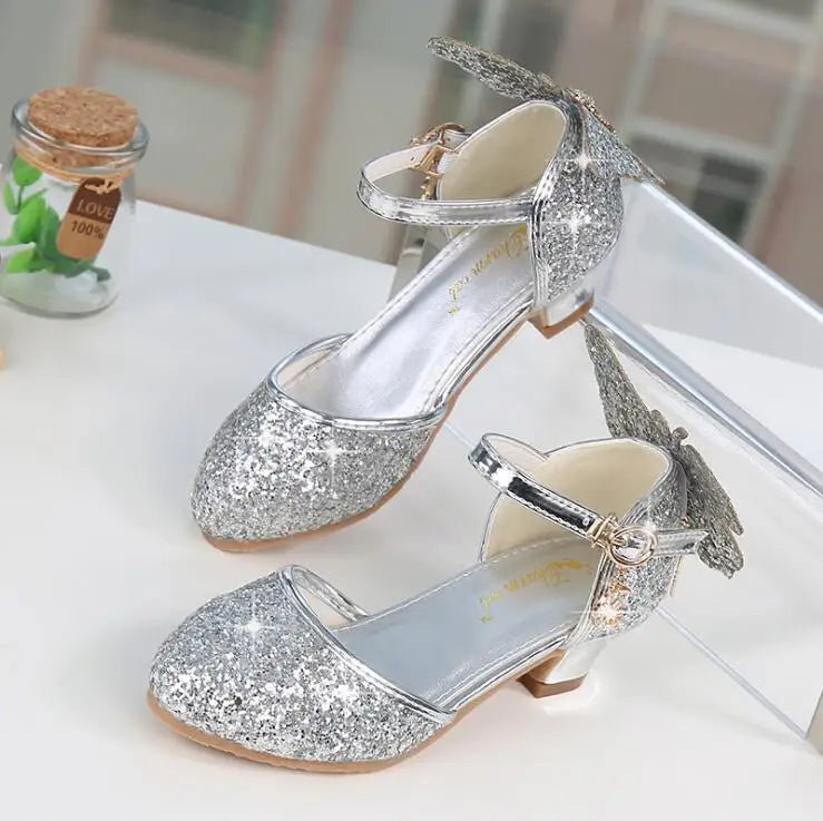 Princess Kids Leather Shoes For Girls Glitter Butterfly Knot Dress Banquet Party Children High Heel Shoe For kids Girls Sandals