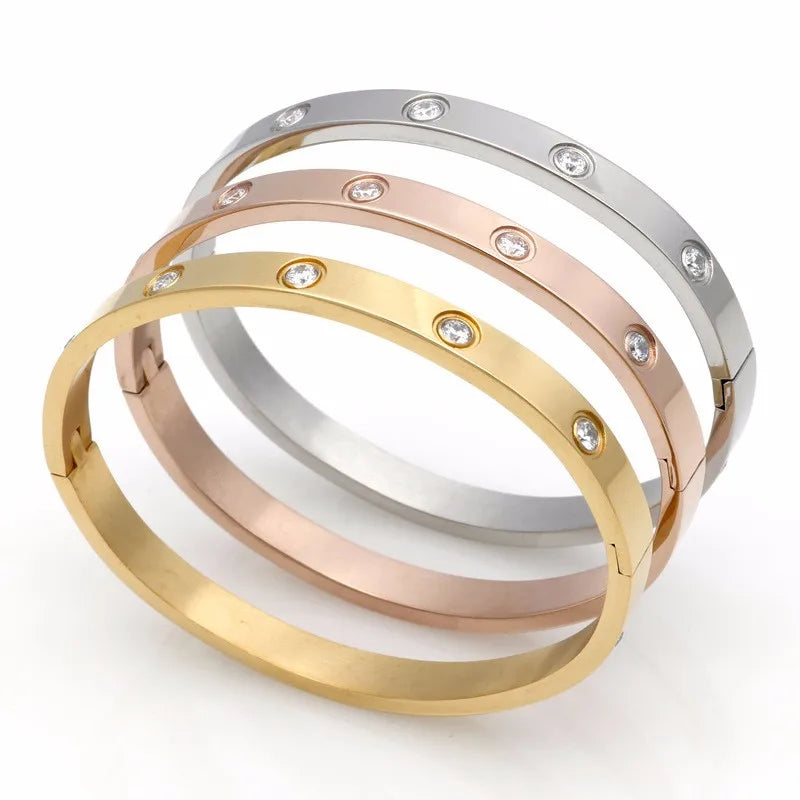 Fashion Love Jewelry Women Bangle Titanium Steel Couple Jewelry Full CZ White Crystal Buckle Bracelets Bangles Men