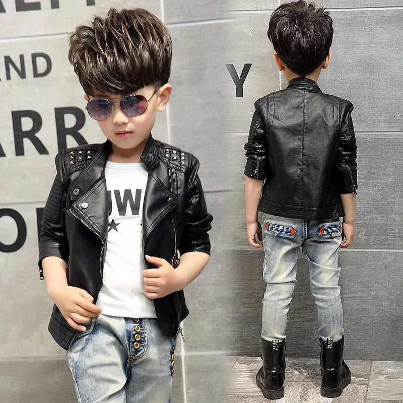 Fashion Kids Leather Jacket Girls PU Jacket Children Motorcycle Outwear for Baby Girl Jackets Rivet Boy Coats W12