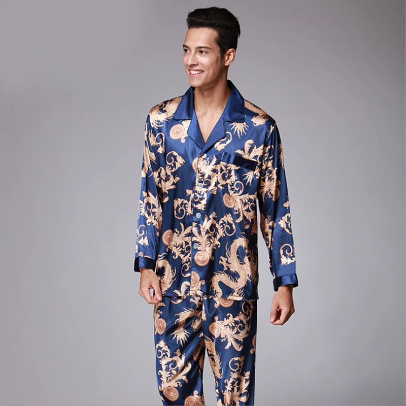 SSH004 High Quality Printed Wedding Mens Pajamas Satin Silk Nightgown Sleepwear Spring Autumn Male Full Sleeves Pants Pajama Set