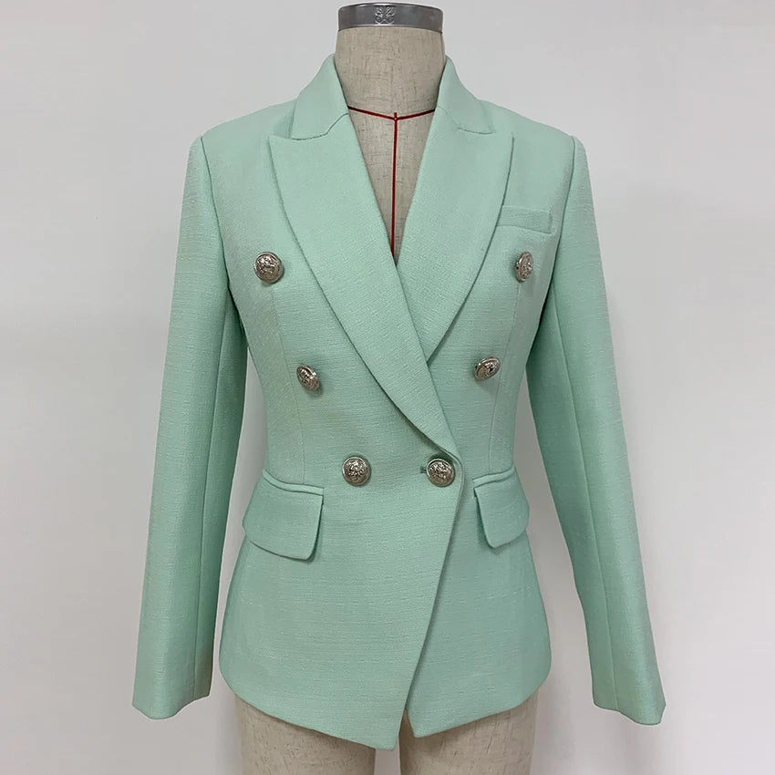 HIGH STREET 2026 Classic Baroque Designer Jacket Women's Metal Lion Buttons Double Breasted Textured Blazer Mint Green